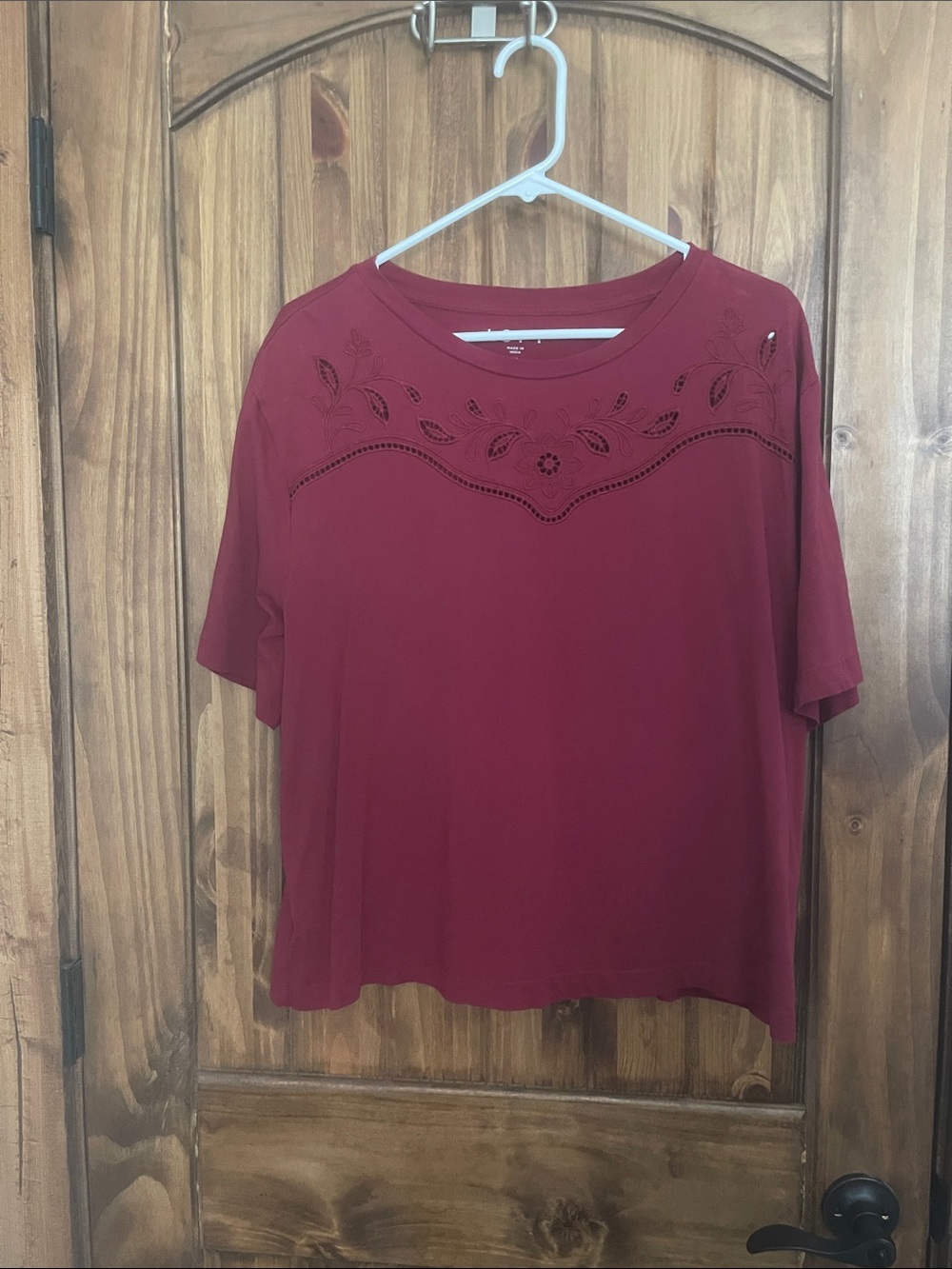 LOFT Burgundy Short Sleeve Top with Cutout Yoke